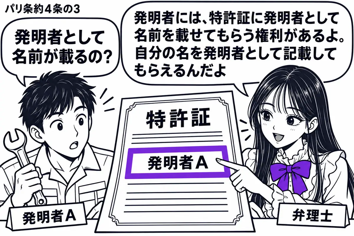 先生が右の相談机に座る役(札「弁理士」)。左に工具を手にした男性(札「発明者A」)が立ち、中央に広げた特許証をのぞき込む。特許証の「発明者A」の欄だけをヴァイオレットの枠で囲み、先生が指先で示す。先生の吹き出し「発明者には、特許証に発明者と
