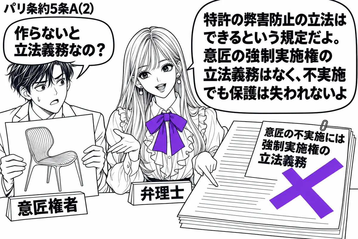 先生が中央の机で説明役(札「弁理士」)。左に未製造の椅子の意匠図面を持つ男性(札「意匠権者」)。机の法案に「意匠の不実施には強制実施権の立法義務」と書いた付箋を貼り、ヴァイオレットの×印を付ける。先生の吹き出し「特許の弊害防止の立法はできる