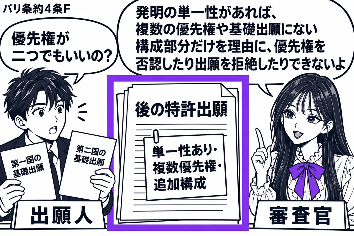 先生が右の窓口に立つ(札「審査官」)。左に二国の基礎出願の写しと後の特許出願書類を持つ男性(札「出願人」)。中央の後の書類に「単一性あり・複数優先権・追加構成」と書いた付箋を貼り、書類をヴァイオレットの枠で囲む。先生の吹き出し「発明の単一性