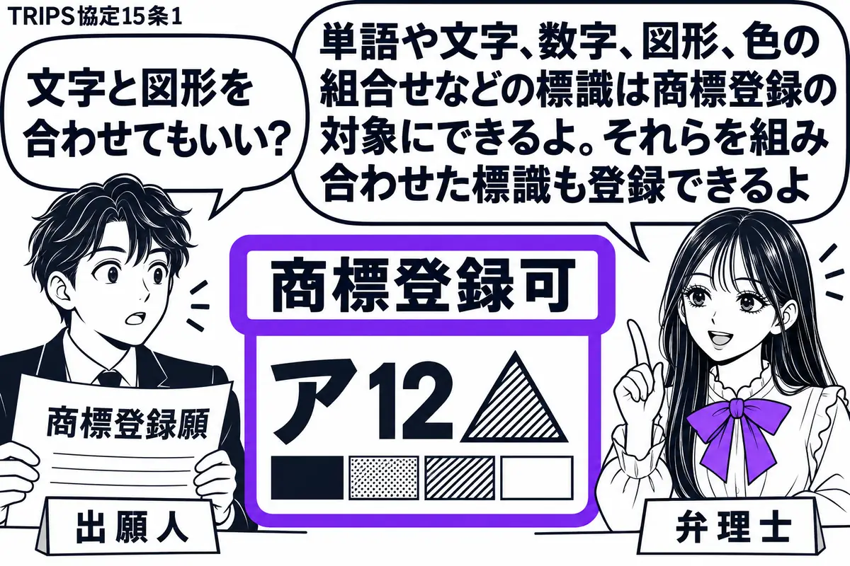 先生が右の相談机に座る役(札「弁理士」)。左の男性(札「出願人」)が商標登録願を広げる。中央には文字と数字と図形を組み合わせた標章の見本。見本に添えた付箋「商標登録可」をヴァイオレットの枠で囲む。色の組合せの見本は墨色の網掛けで示す。先生の