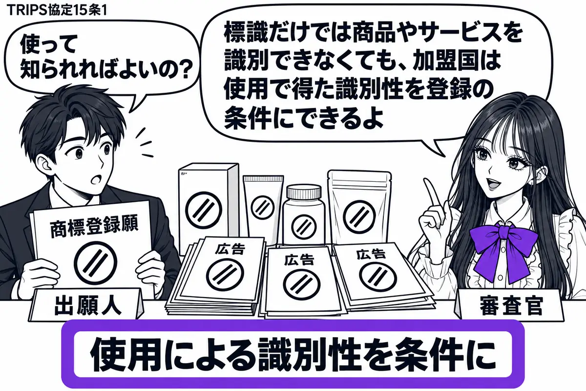 先生が机の右で審査官役(札「審査官」)。左に商標登録願を持つ男性(札「出願人」)。中央に同じ標識の付いた商品と、使い続けた様子を示す広告の束。「使用による識別性を条件に」の付箋をヴァイオレットの枠で囲む。先生の吹き出し「標識だけでは商品やサ