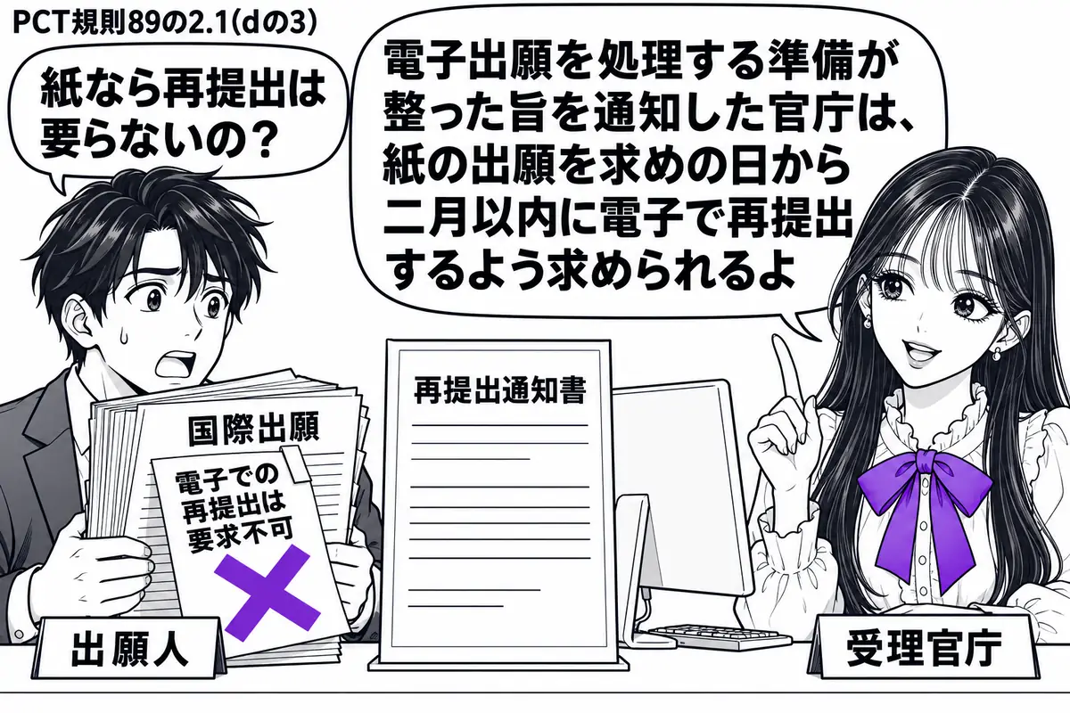 先生が受理官庁役（札「受理官庁」）で右の窓口。左に紙の国際出願書類を抱える男性（札「出願人」）、中央に再提出を求める通知書とパソコン。紙の束に貼った「電子での再提出は要求不可」の付箋に大きなヴァイオレットの×印。先生の吹き出し「電子出願を処