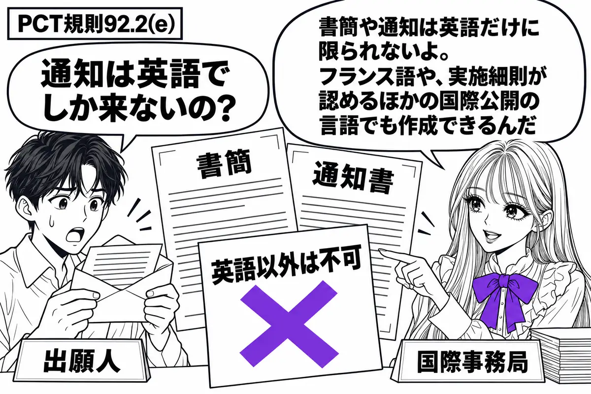 先生が国際事務局役（札「国際事務局」）で右の発送机。左に封筒を受け取る男性（札「出願人」）。中央に書簡と通知書を重ね、添えた「英語以外は不可」の付箋に大きなヴァイオレットの×印。先生は封筒の中の書簡を指している。先生の吹き出し「書簡や通知は