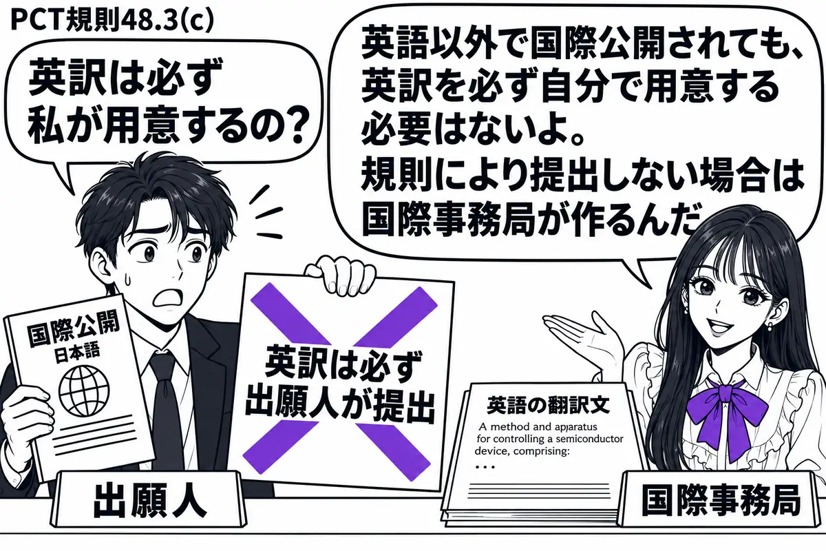 先生が右側の机に座る国際事務局役（札「国際事務局」）。左に日本語の国際公開の冊子を抱える男性（札「出願人」）。先生の机には英語の翻訳文があり、男性の持つ「英訳は必ず出願人が提出」の付箋に大きなヴァイオレットの×印。先生の吹き出し「英語以外で