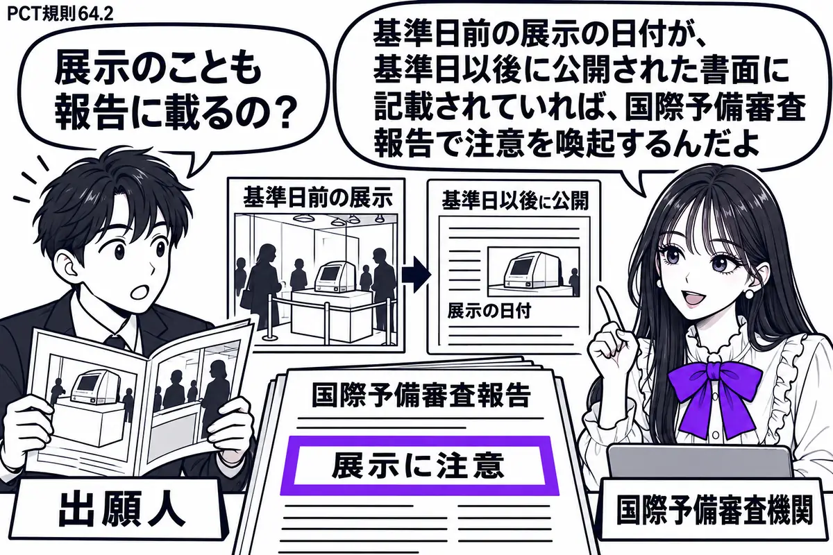 先生が右側の机に座る国際予備審査機関役（札「国際予備審査機関」）。左の男性（札「出願人」）が展示の記録を開く。中央に基準日前の展示風景の小図と基準日以後に公開された記録書面を並べる。国際予備審査報告の「展示に注意」の欄をヴァイオレットの枠で
