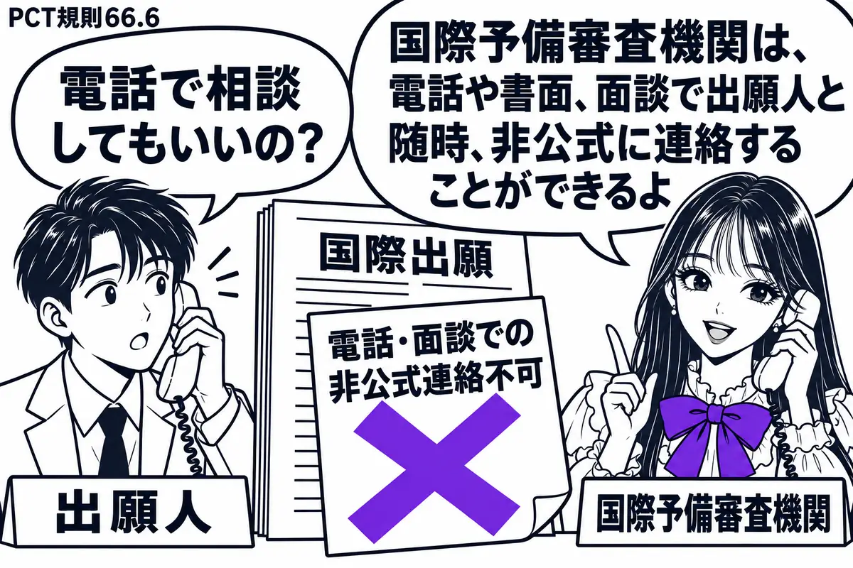 先生が右の机で国際予備審査機関役（札「国際予備審査機関」）。左に受話器を持つ男性（札「出願人」）、中央に国際出願の書類と「電話・面談での非公式連絡不可」の付箋。付箋に大きなヴァイオレットの×印を付け、先生も受話器を耳に当てている。先生の吹き