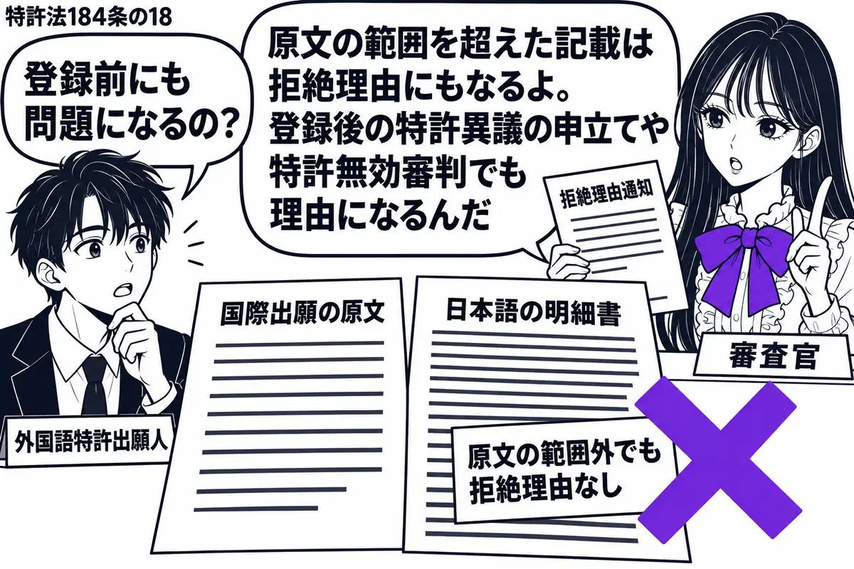 先生が右の机で審査官役(札「審査官」)。左の男性(札「外国語特許出願人」)が、国際出願の原文と記載の増えた日本語の明細書を並べる。明細書に貼った「原文の範囲外でも拒絶理由なし」の付箋にヴァイオレットの×印。先生は拒絶理由通知を手に持つ。先生
