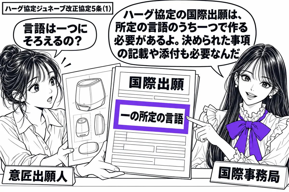 先生が右の受付で国際事務局役（札「国際事務局」）。左の女性（札「意匠出願人」）が意匠の図面を添えた「国際出願」の書類を差し出す。書類に貼った「一の所定の言語」の付箋をヴァイオレットの枠で囲み、先生は記載欄を指さす。先生の吹き出し「ハーグ協定