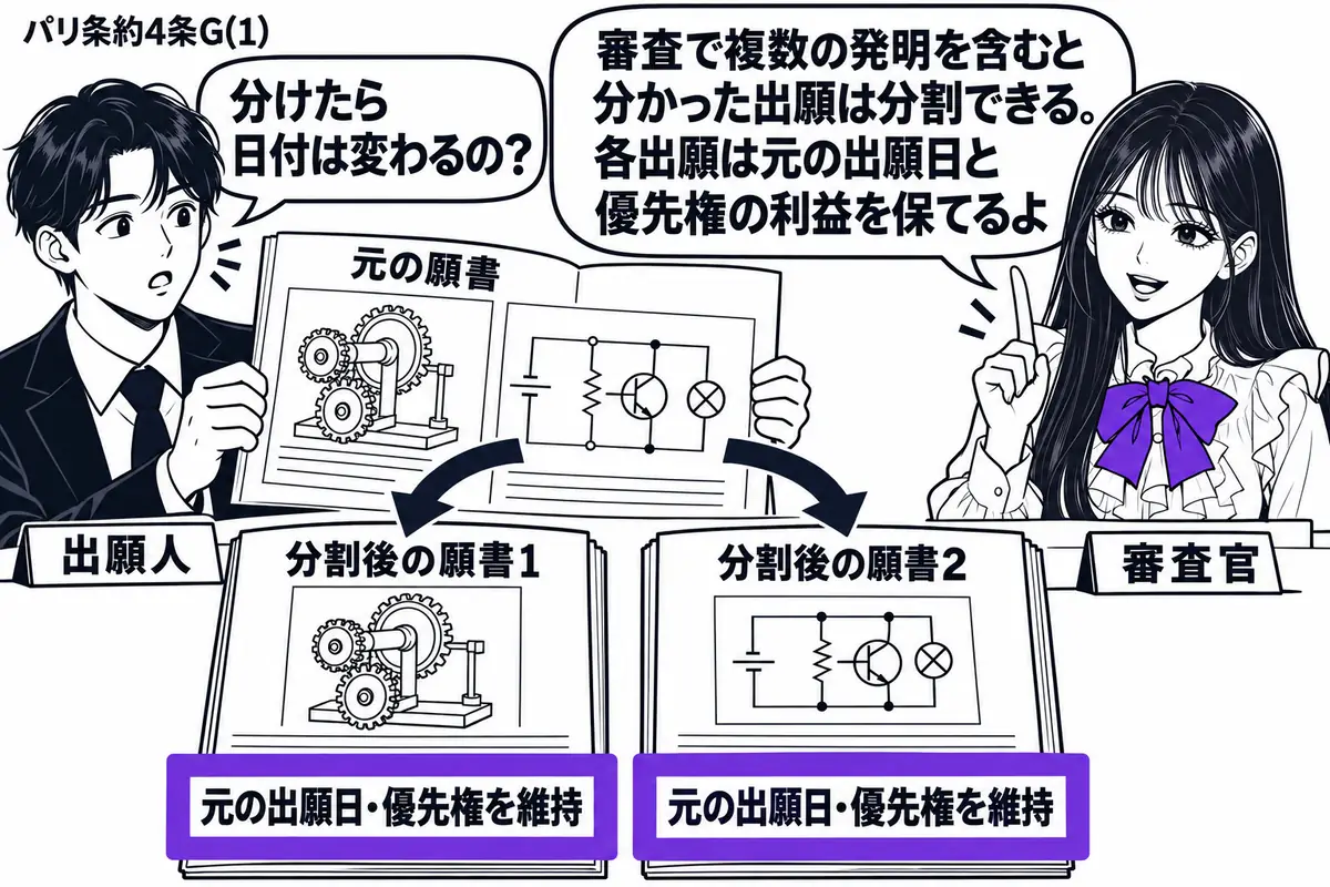 先生が審査官役(札「審査官」)で右の机に座る。左の男性(札「出願人」)が、異なる二つの発明図を含む元の願書を開き、中央に分割後の願書を二枚並べる。二枚に添えた「元の出願日・優先権を維持」の付箋をヴァイオレットの枠で囲む。先生の吹き出し「審査