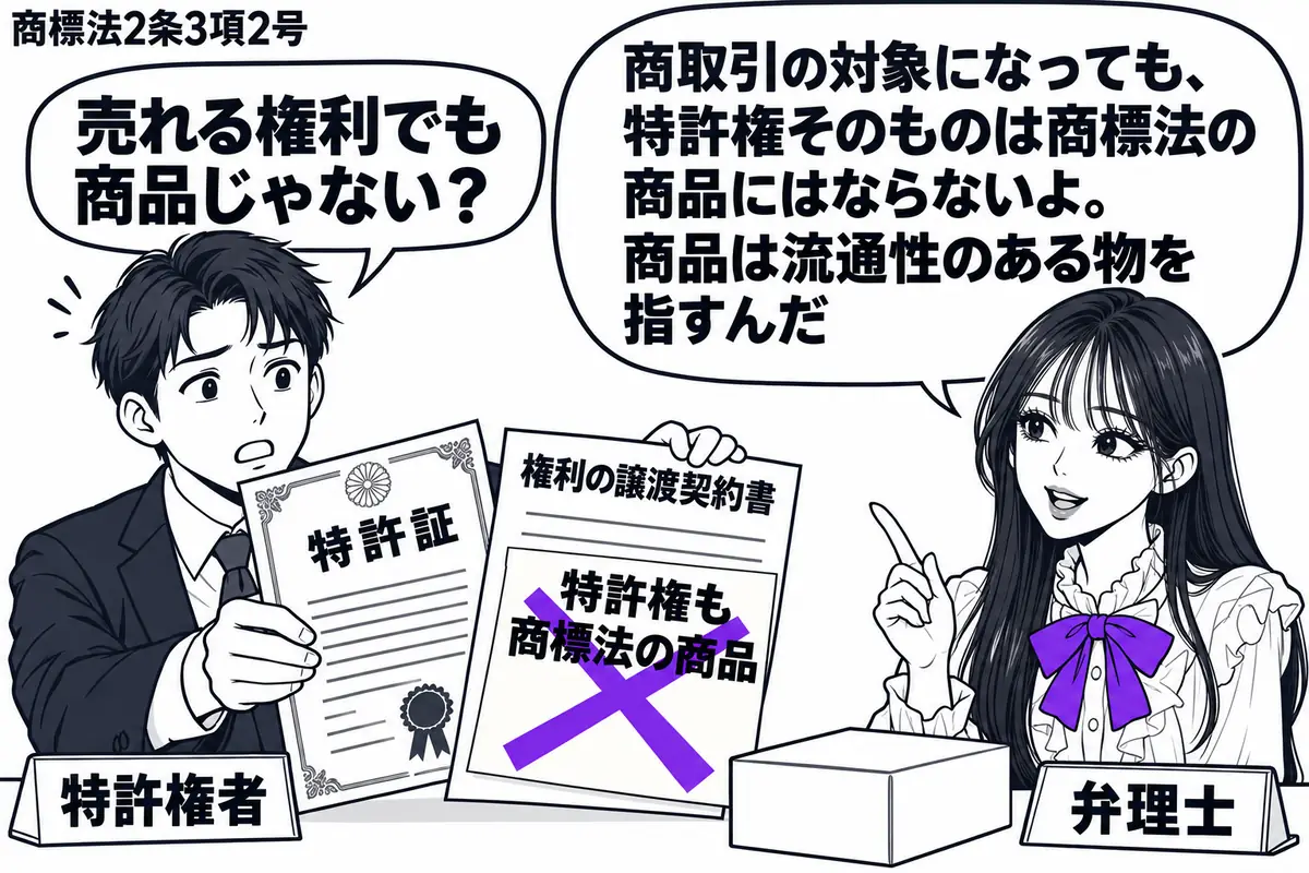 先生が右の相談机にいる弁理士役（札「弁理士」）。左の男性（札「特許権者」）が特許証と権利の譲渡契約書を差し出す。机の端には取引される商品箱。契約書に貼った「特許権も商標法の商品」の付箋に大きなヴァイオレットの×印。先生の吹き出し「商取引の対