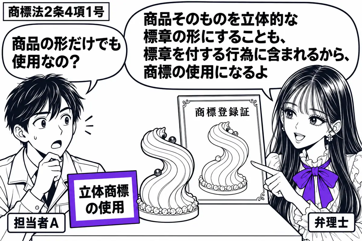 先生が弁理士役（札「弁理士」）で右に立つ。左に製造担当者（札「担当者Ａ」）、中央の机に独特な曲線の菓子と、同じ立体形状を示した商標登録証。先生が菓子そのものを指し、脇の「立体商標の使用」の付箋をヴァイオレットの枠で囲む。包装に別の商標は描か