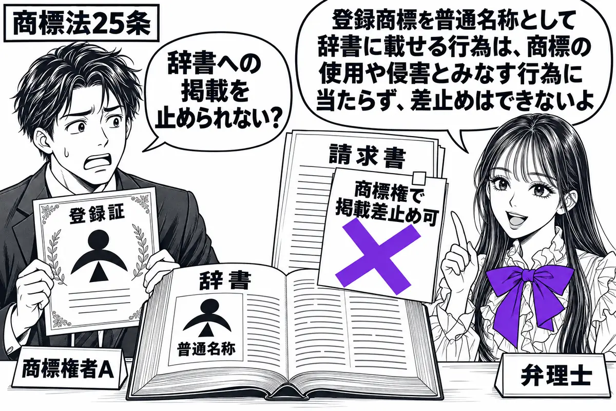 先生が弁理士役（札「弁理士」）で机の右。左に商標権者（札「商標権者Ａ」）が登録証を持ち、中央に登録商標を普通名称として載せた辞書を開く。辞書の脇に置いた請求書の「商標権で掲載差止め可」の付箋にヴァイオレットの×印。先生の吹き出し「登録商標を