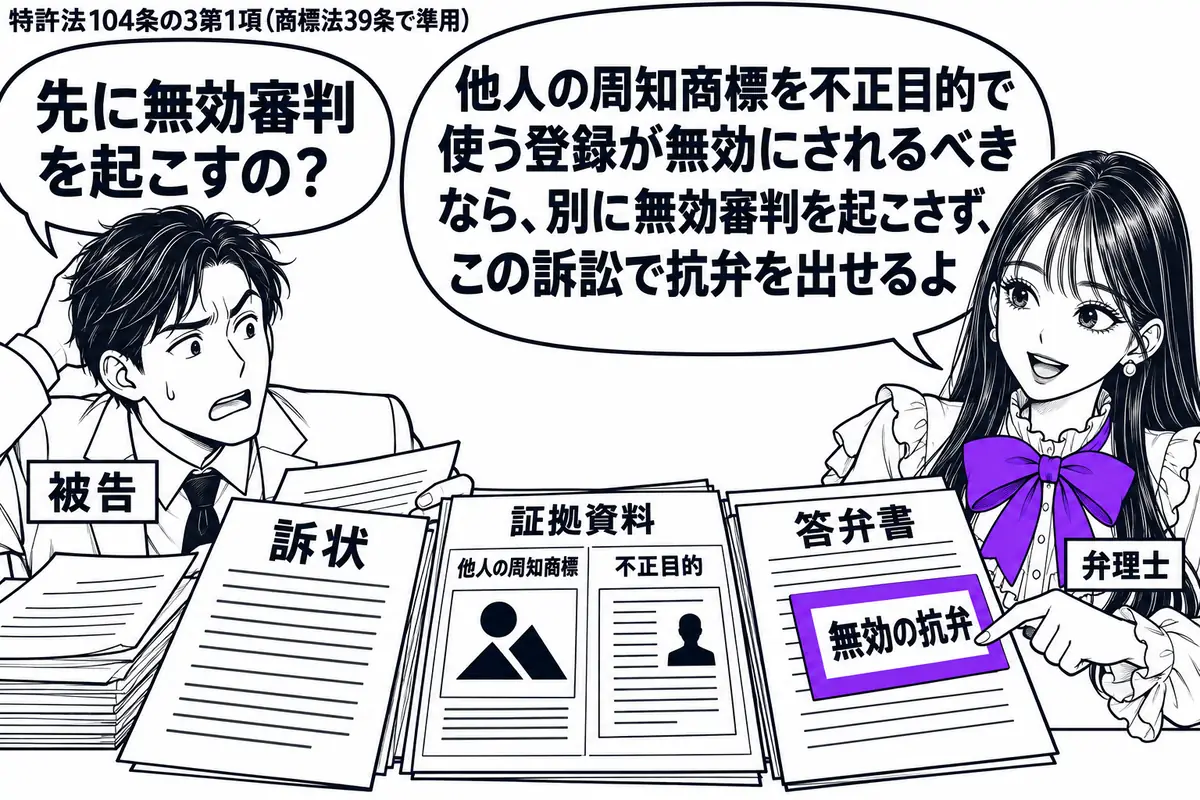 先生が弁理士役(札「弁理士」)で右。左の男性(札「被告」)が訴状と証拠資料を机に広げる。資料には他人の周知商標と不正目的を示す記録を並べ、答弁書の付箋「無効の抗弁」にヴァイオレットの枠。先生の吹き出し「他人の周知商標を不正目的で使う登録が無