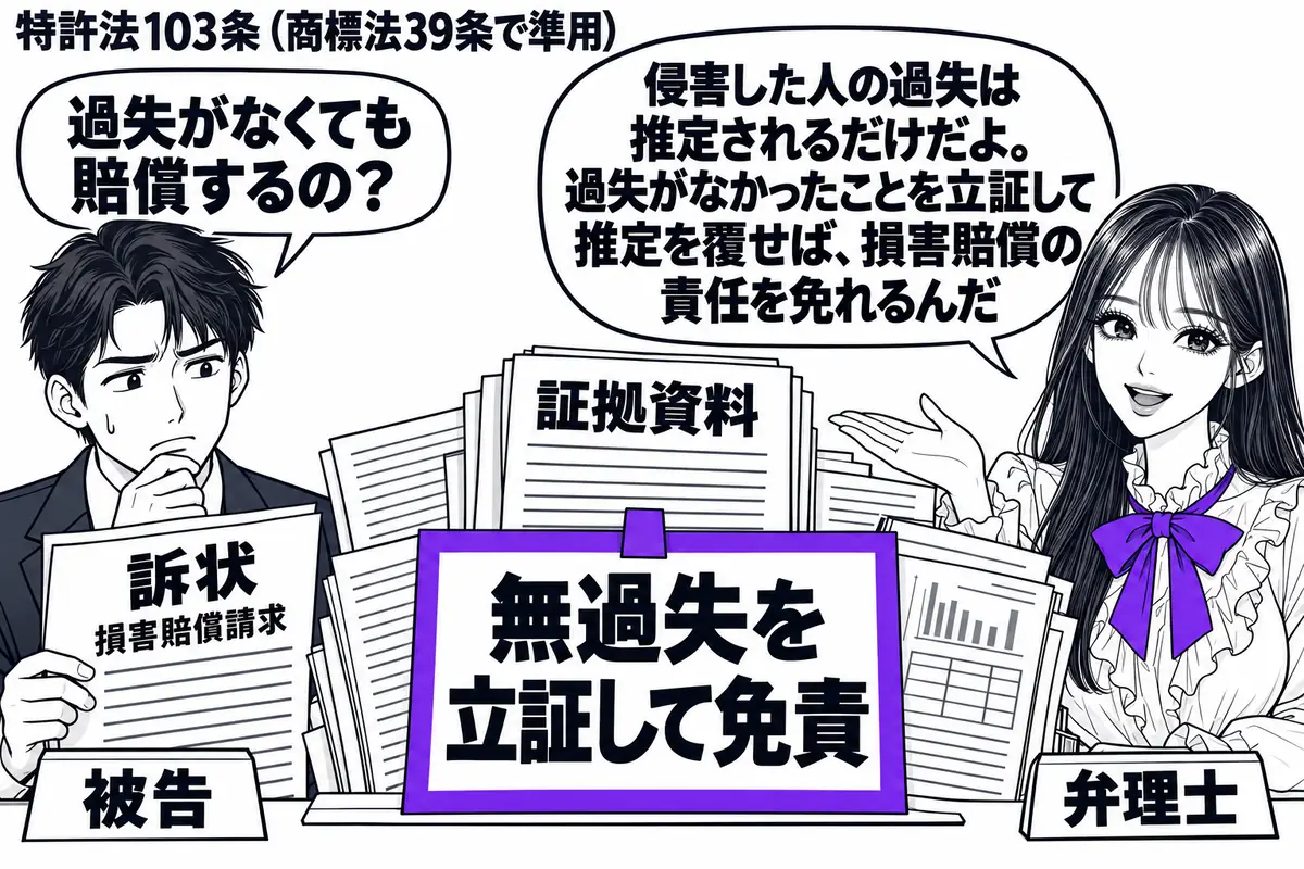 先生が弁理士役(札「弁理士」)で机の右。左の男性(札「被告」)が損害賠償請求の訴状を持ち、中央に過失がなかったことを立証する証拠資料を広げる。資料の付箋「無過失を立証して免責」にヴァイオレットの枠。先生の吹き出し「侵害した人の過失は推定され
