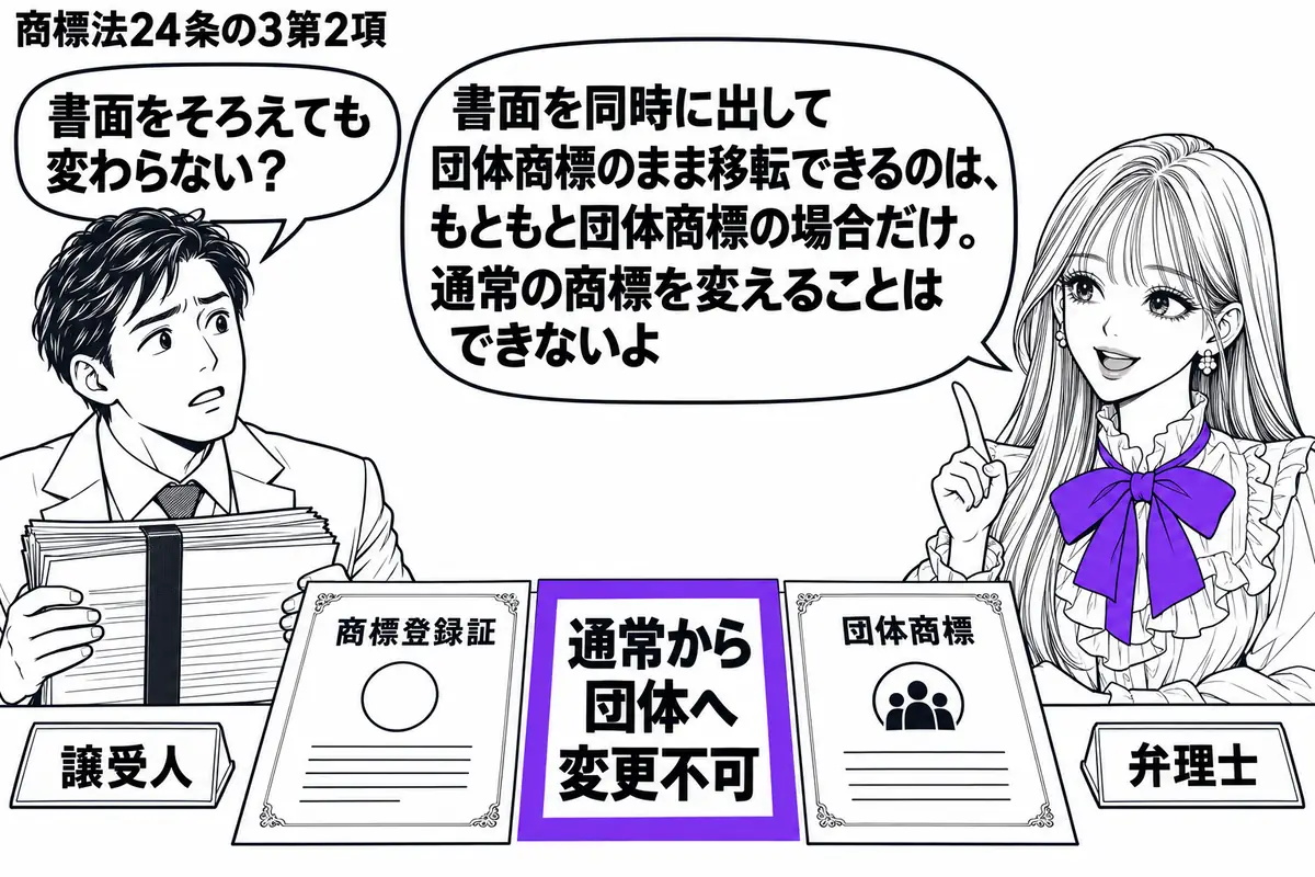 先生が右の相談机にいる弁理士役(札「弁理士」)。左に書類を束ねた男性(札「譲受人」)。机には通常の商標登録証と団体商標の書面を並べ、間に置いた「通常から団体へ変更不可」の付箋をヴァイオレットの枠で囲む。先生の吹き出し「書面を同時に出して団体