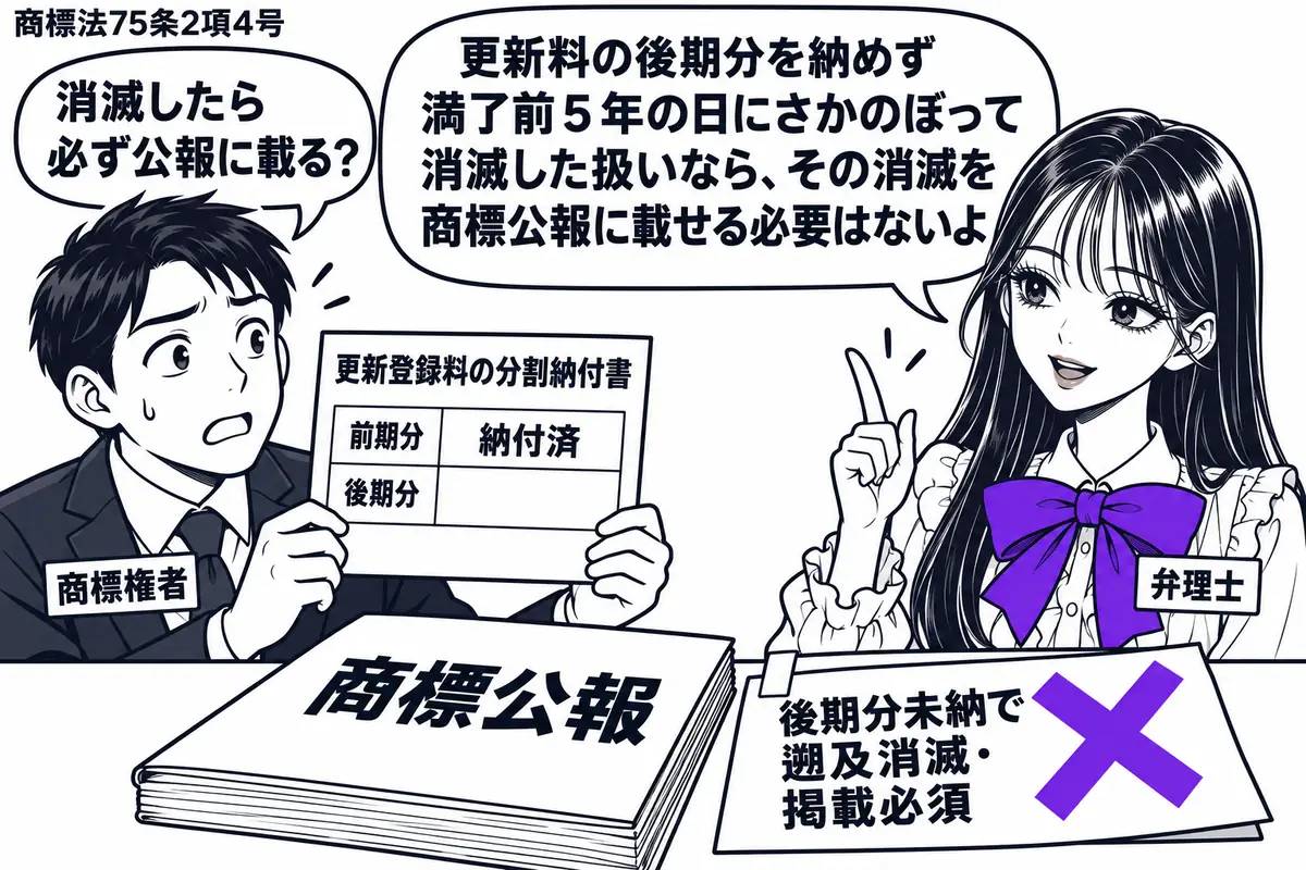先生が弁理士役(札「弁理士」)で右。左の男性(札「商標権者」)が更新登録料の分割納付書を持ち、後期分の欄は空白。机に商標公報を置き、添えた付箋「後期分未納で遡及消滅・掲載必須」にヴァイオレットの×印。先生の吹き出し「更新料の後期分を納めず満