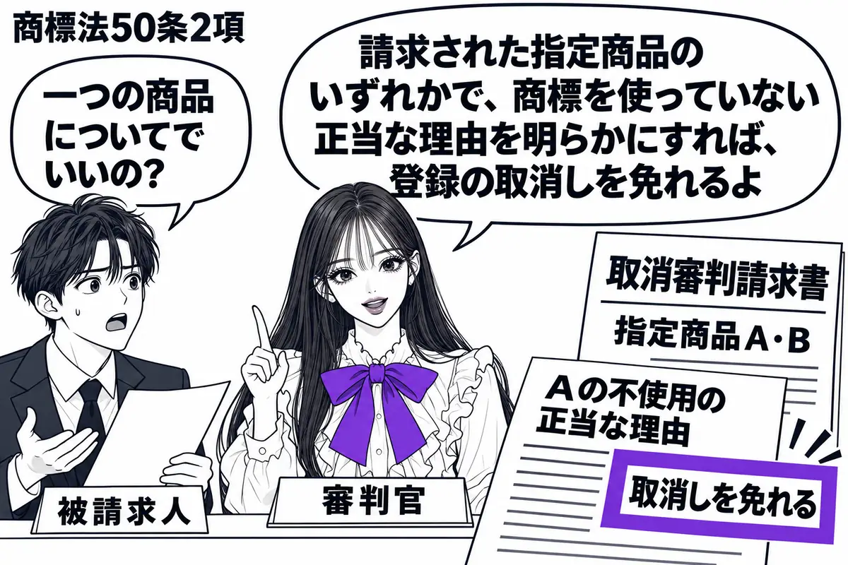 先生が中央の審判席に座る審判官役(札「審判官」)。左の男性(札「被請求人」)が、指定商品A・Bを記した取消審判請求書の横に、Aの不使用の正当な理由を示す資料を差し出す。資料の「取消しを免れる」の付箋をヴァイオレットの枠で囲む。先生の吹き出し