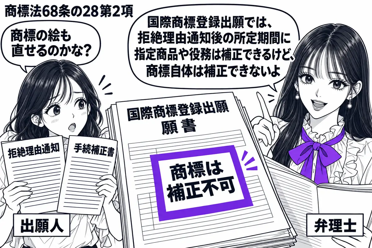 先生が右で願書を開く相談役（札「弁理士」）。左に拒絶理由通知と手続補正書を持った女性（札「出願人」）。中央に国際商標登録出願の願書を置き、「商標は補正不可」の付箋をヴァイオレットの枠で囲む。先生の吹き出し「国際商標登録出願では、拒絶理由通知