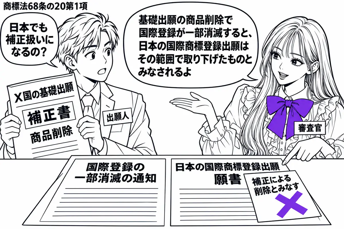 先生が右で審査官役（札「審査官」）。左の男性（札「出願人」）がＸ国の基礎出願の補正書を持つ。机に国際登録の一部消滅の通知と日本の国際商標登録出願の願書を並べ、願書の「補正による削除とみなす」の付箋にヴァイオレットの×印。先生の吹き出し「基礎