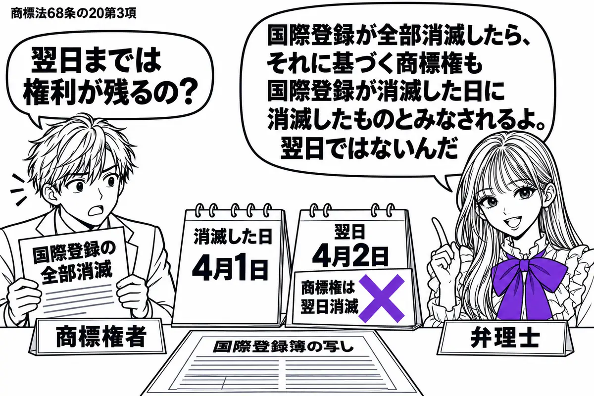 先生が右で弁理士役（札「弁理士」）。左の男性（札「商標権者」）が国際登録の全部消滅の通知を持つ。机に国際登録簿の写しと二日分の日めくりを置き、翌日の紙に貼った「商標権は翌日消滅」の付箋にヴァイオレットの×印。先生の吹き出し「国際登録が全部消