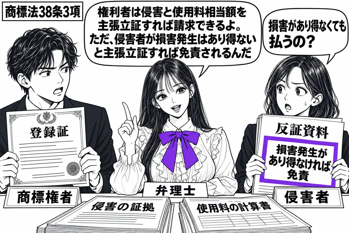 先生が中央の相談机で弁理士役(札「弁理士」)。左に登録証を持つ男性(札「商標権者」)、右に反証資料を持つ女性(札「侵害者」)。机に侵害の証拠と使用料の計算書を並べ、反証資料の「損害発生があり得なければ免責」の付箋をヴァイオレットの枠で囲む。