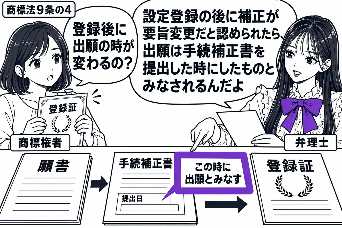先生が右の相談机で弁理士役（札「弁理士」）。左に商標の登録証を持つ女性（札「商標権者」）。机には願書と手続補正書を提出順に並べ、その先に登録証を置く。補正書の提出日欄に添えた「この時に出願とみなす」の付箋をヴァイオレットの枠で囲む。先生の吹