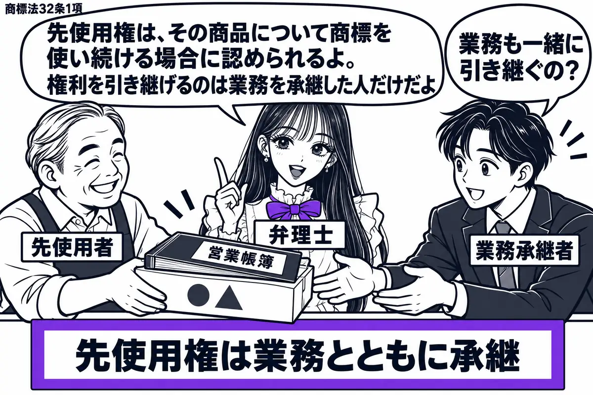先生が机の中央に立つ弁理士役(札「弁理士」)。左の店主(札「先使用者」)が、商標付きの商品と営業帳簿を右の後継者(札「業務承継者」)へ一緒に渡す。机の「先使用権は業務とともに承継」の確認書をヴァイオレットの枠で囲む。先生の吹き出し「先使用権