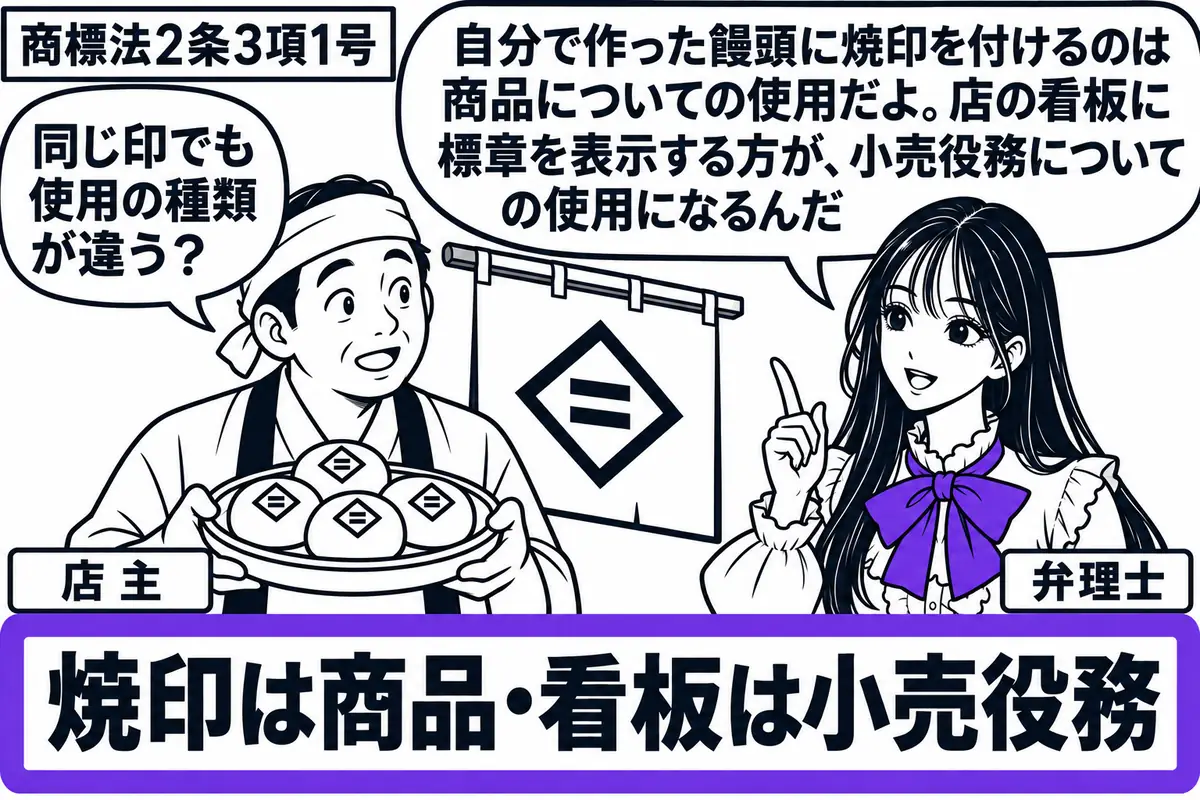 先生が和菓子店の右に立つ弁理士役（札「弁理士」）。左の店主（札「店主」）が標章を焼印で付けた饅頭を載せた盆を持ち、背後の店舗看板にも同じ標章。「焼印は商品・看板は小売役務」の確認札をヴァイオレットの枠で囲む。先生の吹き出し「自分で作った饅頭
