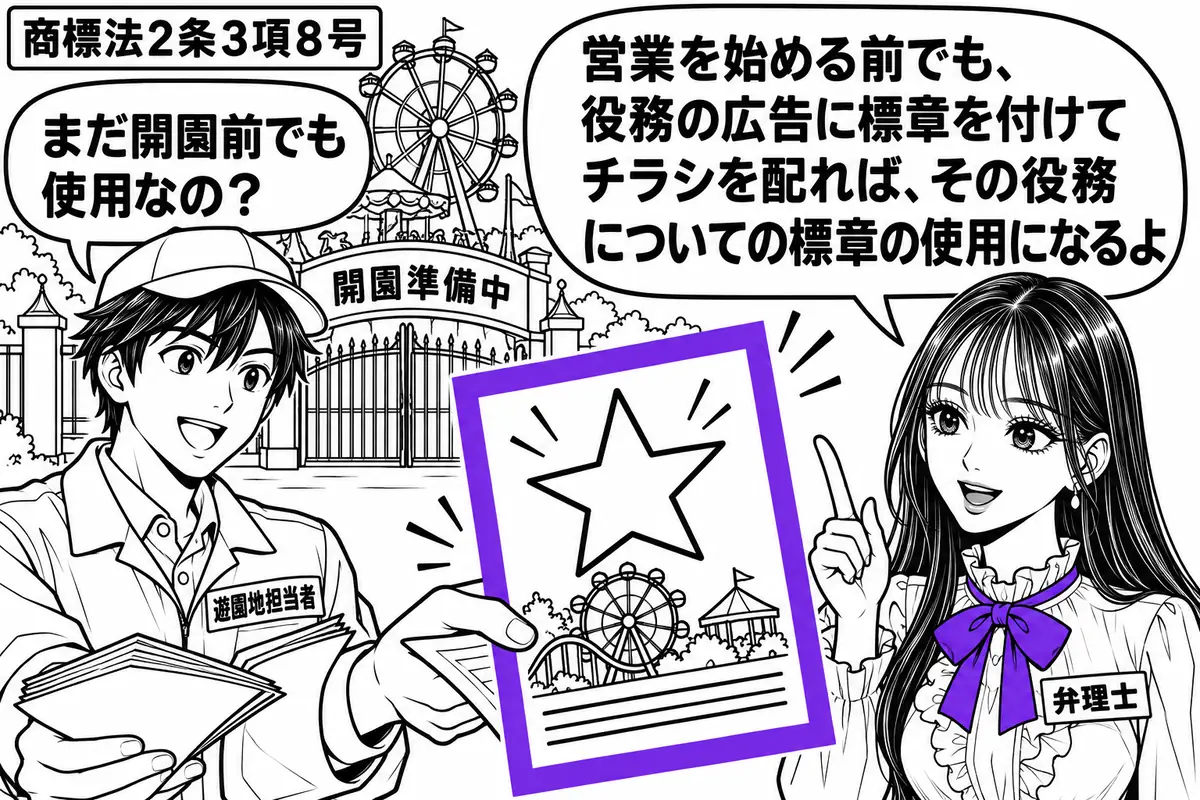 先生が弁理士役（札「弁理士」）で右側に立つ。左に開園準備中の門と観覧車、手前に星形の標章を付けた広告チラシを配る男性（札「遊園地担当者」）。中央で差し出されたチラシをヴァイオレットの枠で囲み、門はまだ閉じている。先生の吹き出し「営業を始める