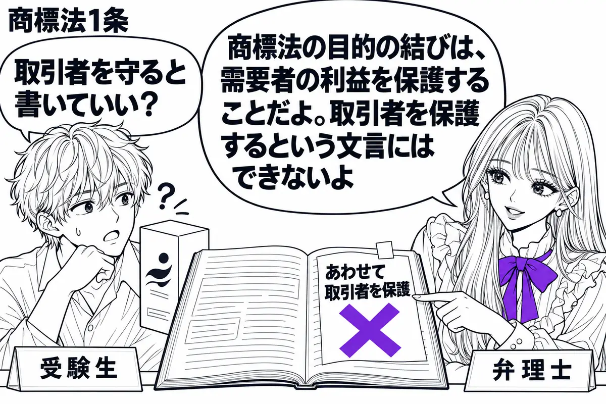 先生が机の右で弁理士役（札「弁理士」）。左の男性（札「受験生」）が商標の付いた商品箱と条文の学習ノートを並べる。ノートの結びに貼った「あわせて取引者を保護」の付箋に大きなヴァイオレットの×印。先生の吹き出し「商標法の目的の結びは、需要者の利