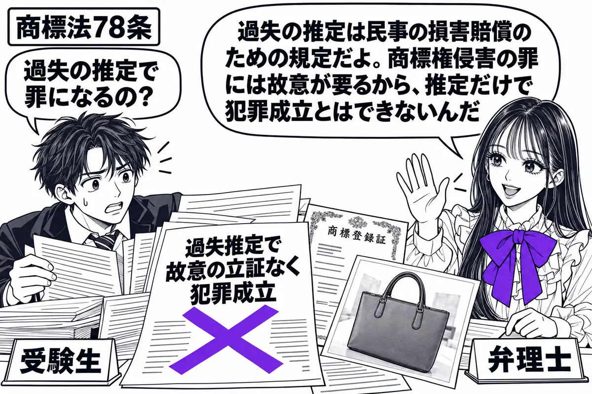 先生が右の相談机で弁理士役(札「弁理士」)。左の男性(札「受験生」)が商標権侵害の事件資料を広げる。机には商標登録証と模倣品の写真。資料の「過失推定で故意の立証なく犯罪成立」の付箋に大きなヴァイオレットの×印を付け、先生が手を止める。先生の