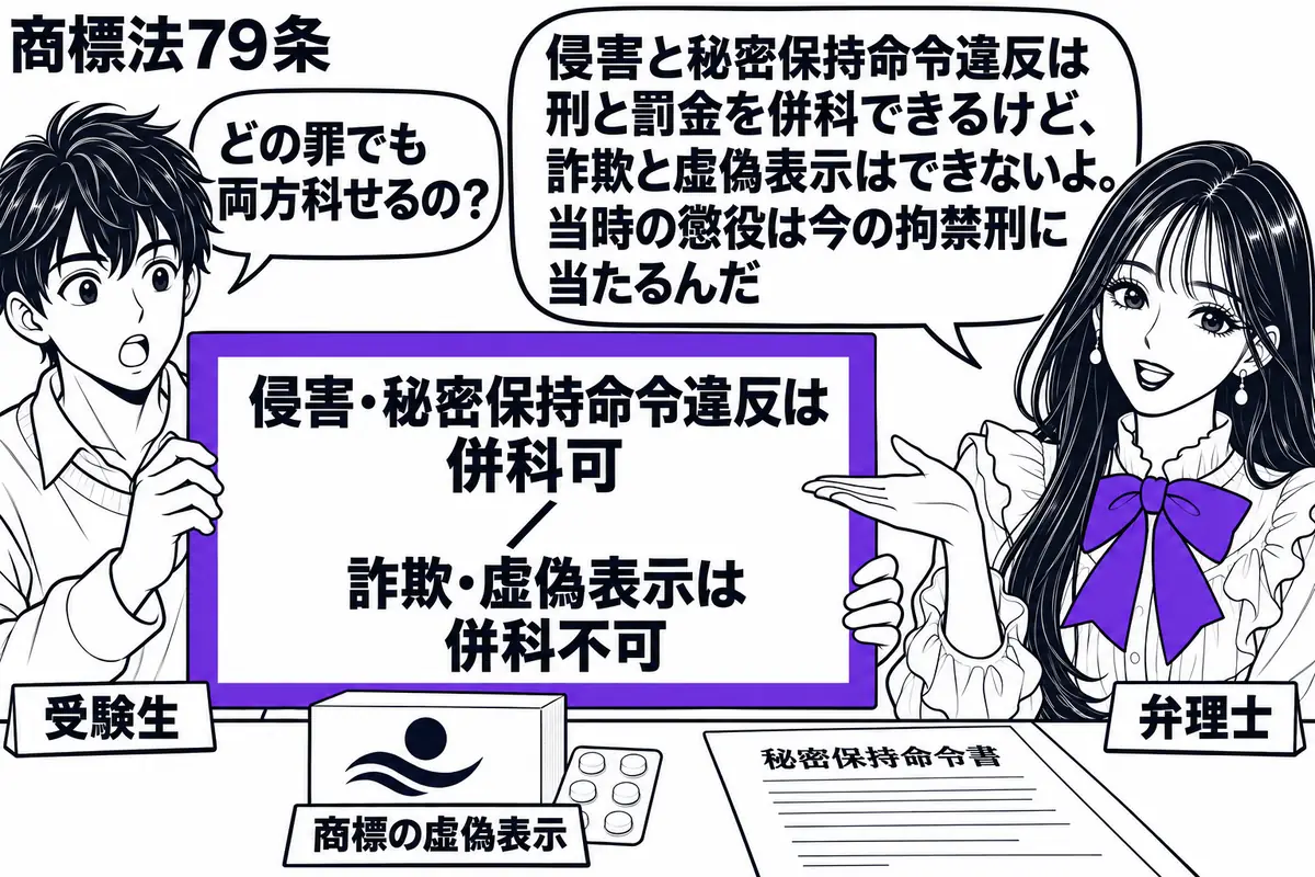 先生が右で弁理士役（札「弁理士」）。左に罰則の比較表を持つ男性（札「受験生」）。机に商標の虚偽表示がある商品写真と秘密保持命令書を置く。比較表の「侵害・秘密保持命令違反は併科可／詐欺・虚偽表示は併科不可」を一つのヴァイオレットの枠で囲む。先