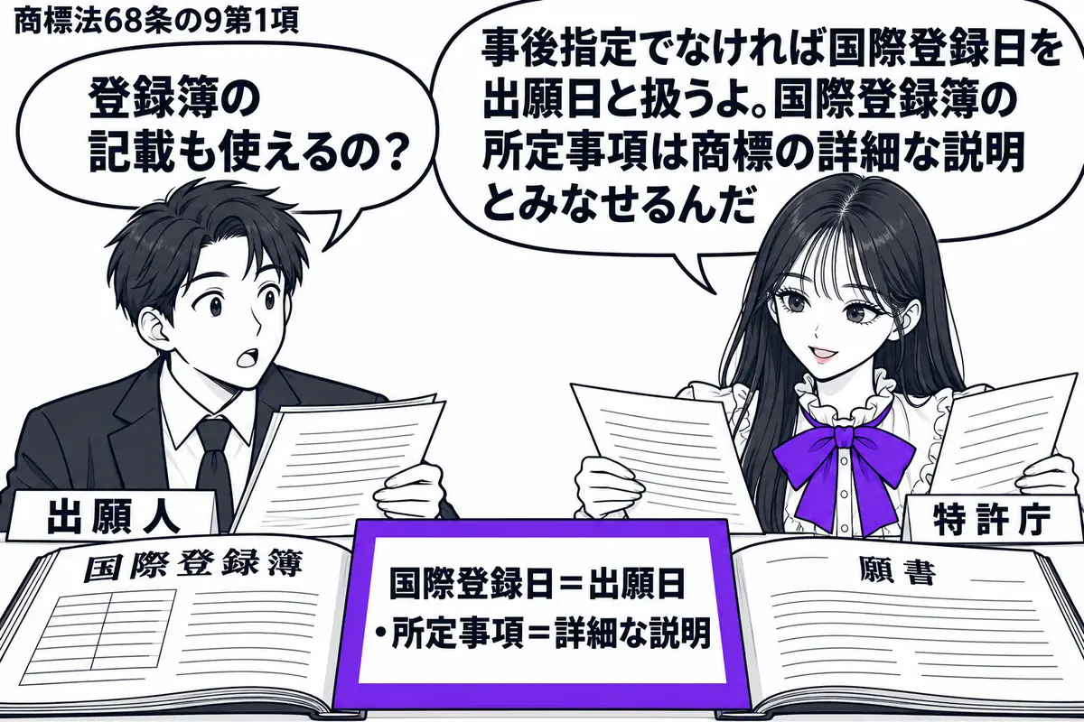 先生が右の窓口で特許庁役（札「特許庁」）。左に国際登録の書類を持つ男性（札「出願人」）。机に「国際登録簿」と「願書」を開き、間の付箋「国際登録日＝出願日・所定事項＝詳細な説明」をヴァイオレットの枠で囲む。先生は両方の書類を見比べている。先生