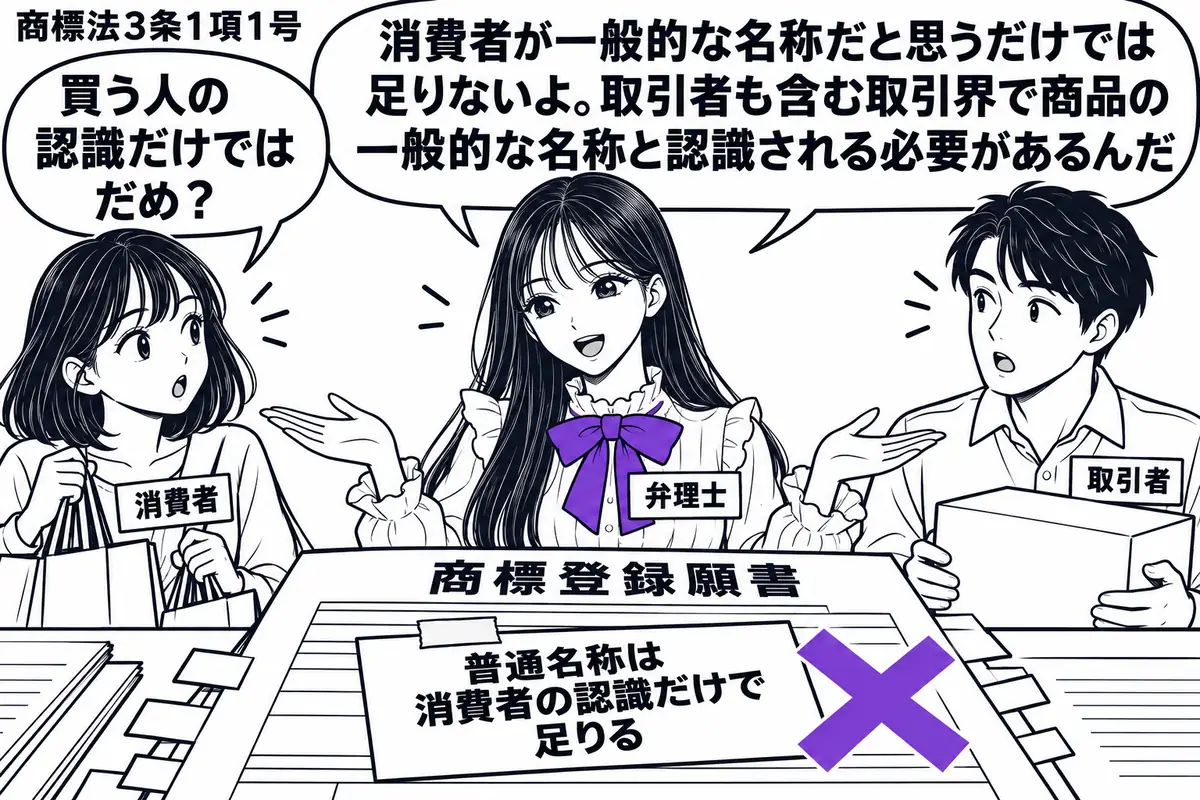 先生が中央で弁理士役（札「弁理士」）。左に買物袋を持つ女性（札「消費者」）、右に商品箱を抱えた男性（札「取引者」）。机の商標登録願書に付箋「普通名称は消費者の認識だけで足りる」を貼り、ヴァイオレットの×印を付ける。先生は二人に手を向ける。先
