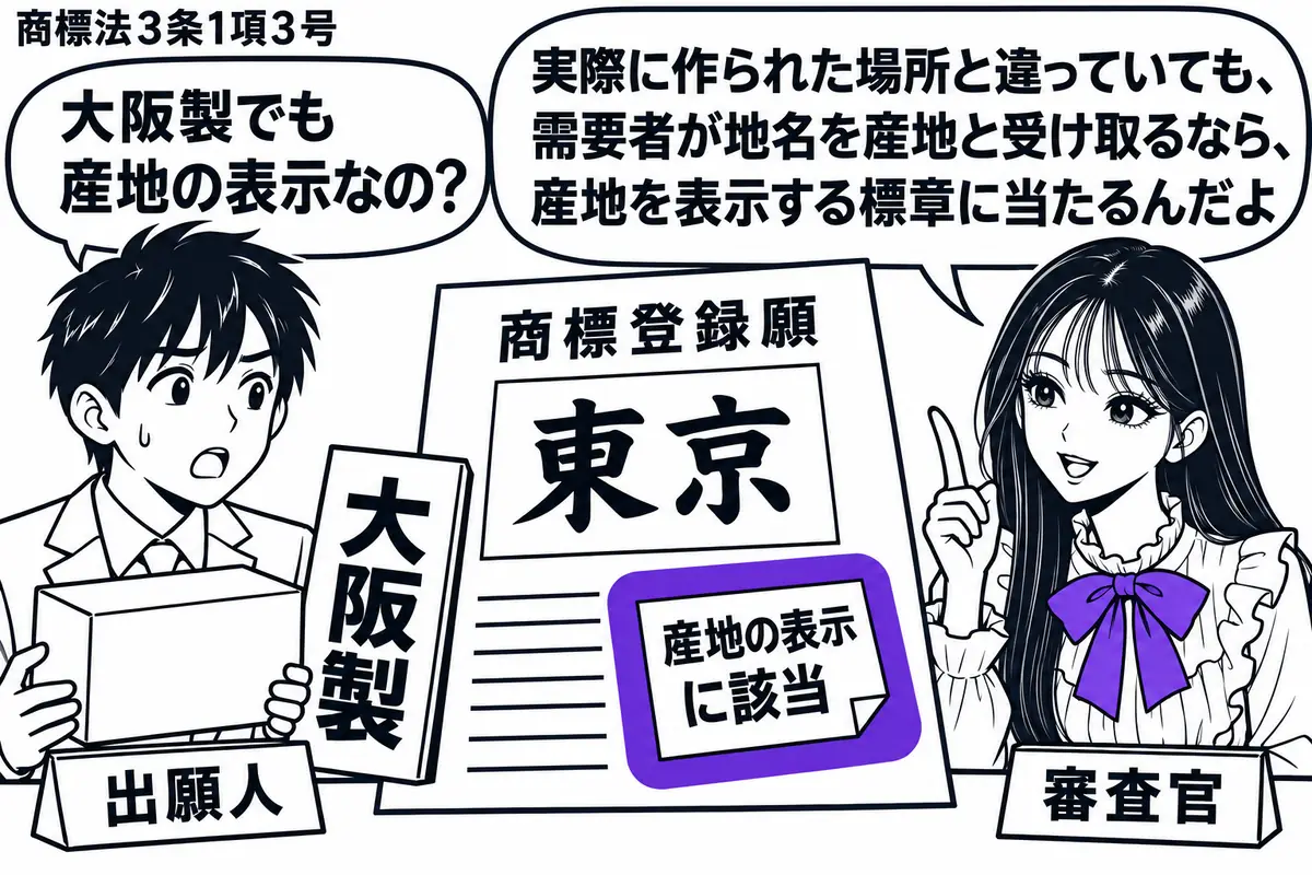 先生が右の机で審査官役（札「審査官」）。左に商品箱を持つ男性（札「出願人」）。中央の商標登録願に見本の「東京」を載せ、商品箱の脇には「大阪製」の札。願書に添えた「産地の表示に該当」という付箋をヴァイオレットの枠で囲む。先生の吹き出し「実際に