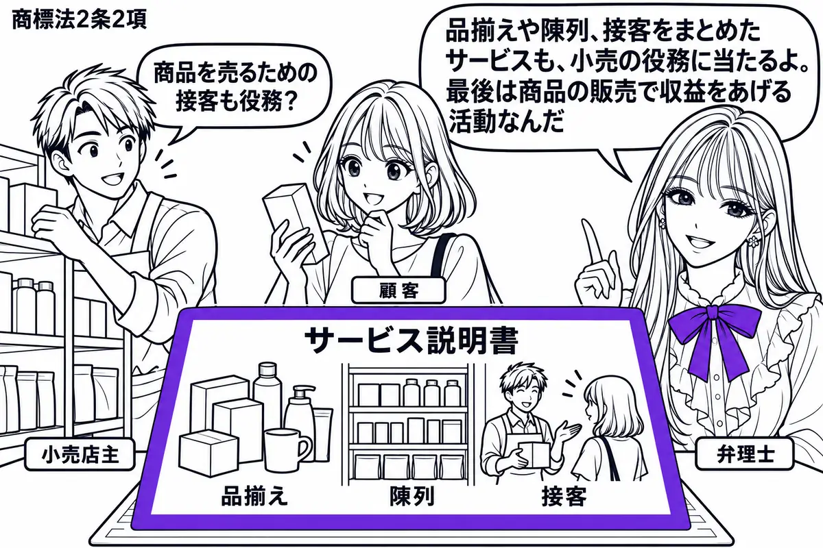 先生が売場の右に立つ弁理士役（札「弁理士」）。左に商品を棚へ並べる男性（札「小売店主」）、中央に品物を選ぶ女性（札「顧客」）。机の「サービス説明書」には品揃え、陳列、接客の小さな絵を並べ、三つをまとめてヴァイオレットの枠で囲む。先生の吹き出