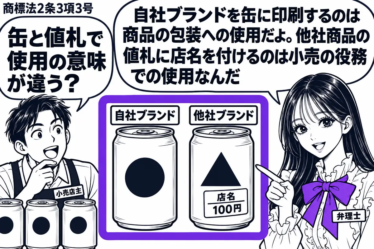 先生が右の売場で弁理士役（札「弁理士」）。左に缶コーヒーを並べる男性（札「小売店主」）。中央に自社ブランドを直接印刷した缶と、他社ブランドの缶に店名入り値札シールを貼ったもの。二つをまとめてヴァイオレットの枠で囲む。先生の吹き出し「自社ブラ