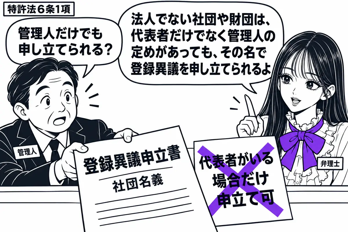 先生が窓口の右で弁理士役(札「弁理士」)。左に法人でない社団の管理人(札「管理人」)が立ち、社団名義の登録異議申立書を差し出している。書類の脇の「代表者がいる場合だけ申立て可」という付箋に大きなヴァイオレットの×印。先生の吹き出し「法人でな
