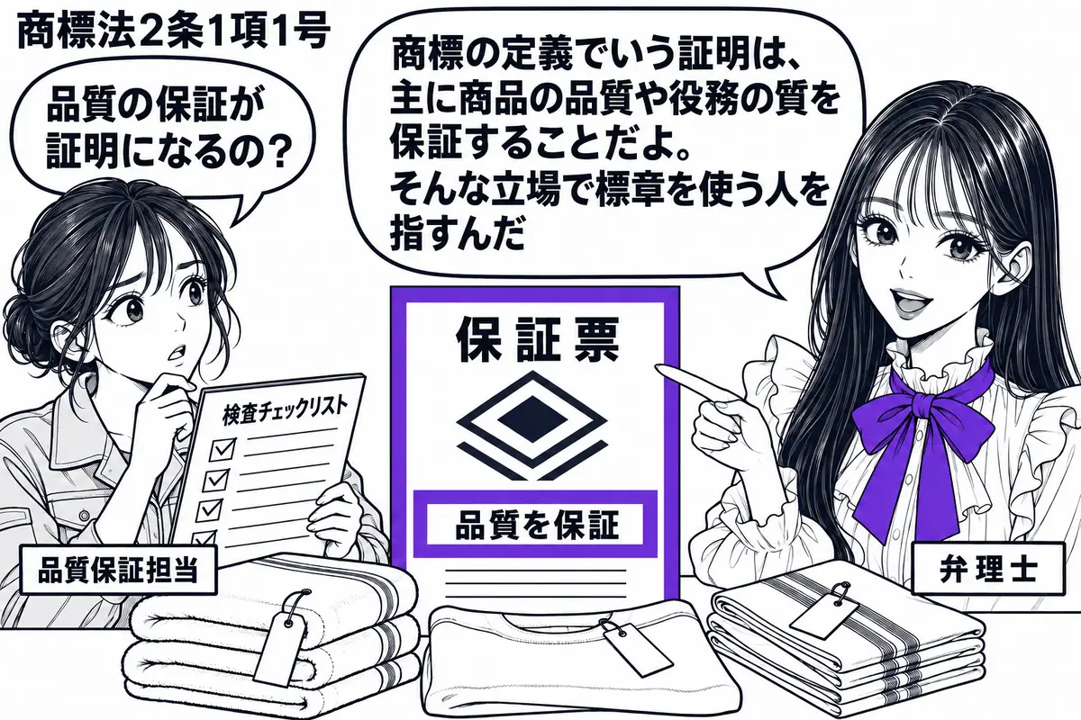 先生が右の商品検査の机に立つ弁理士役（札「弁理士」）。左に検査表を持つ女性（札「品質保証担当」）。中央には布製品と、架空の標章を付した保証票が置かれている。保証票の「品質を保証」の欄をヴァイオレットの枠で囲み、先生が指さす。先生の吹き出し「