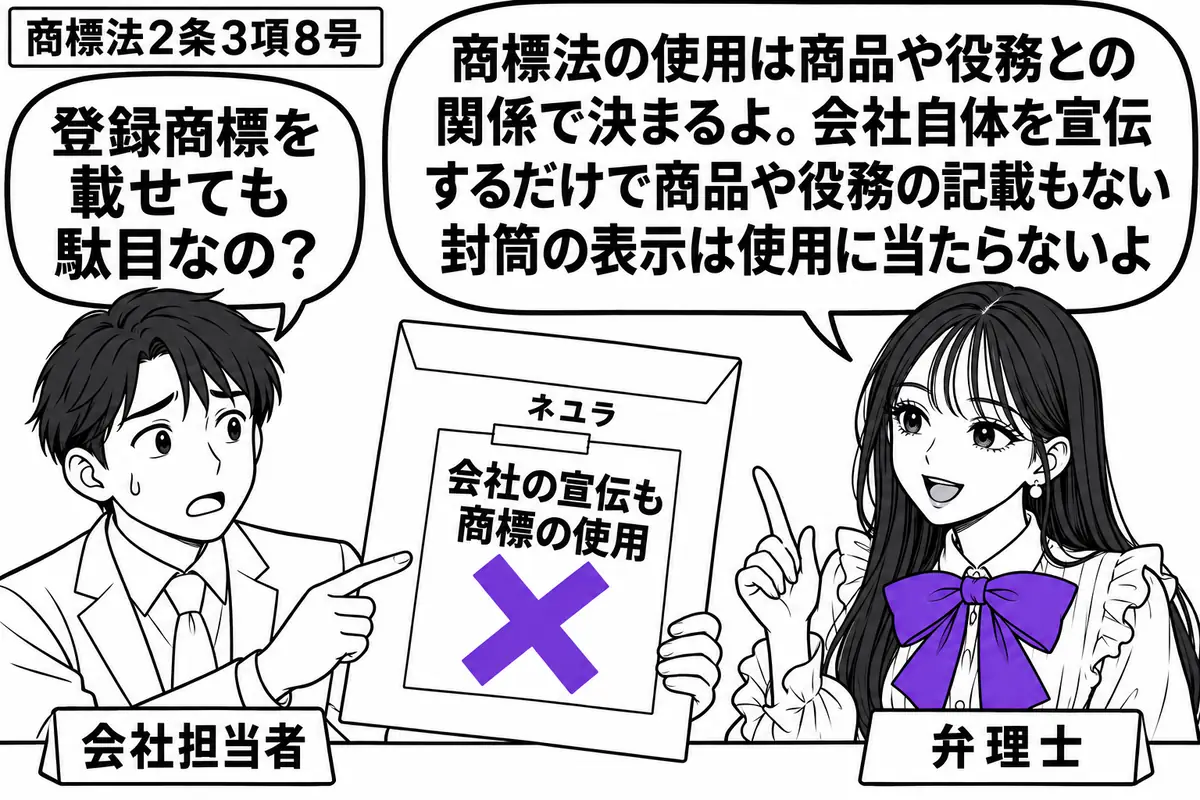 先生が右の相談机に座る弁理士役（札「弁理士」）。左の担当者（札「会社担当者」）が、登録済みの商号の略称だけを印刷した封筒を示す。商品や役務の記載がない封筒に貼った「会社の宣伝も商標の使用」の付箋にヴァイオレットの×印。先生の吹き出し「商標法