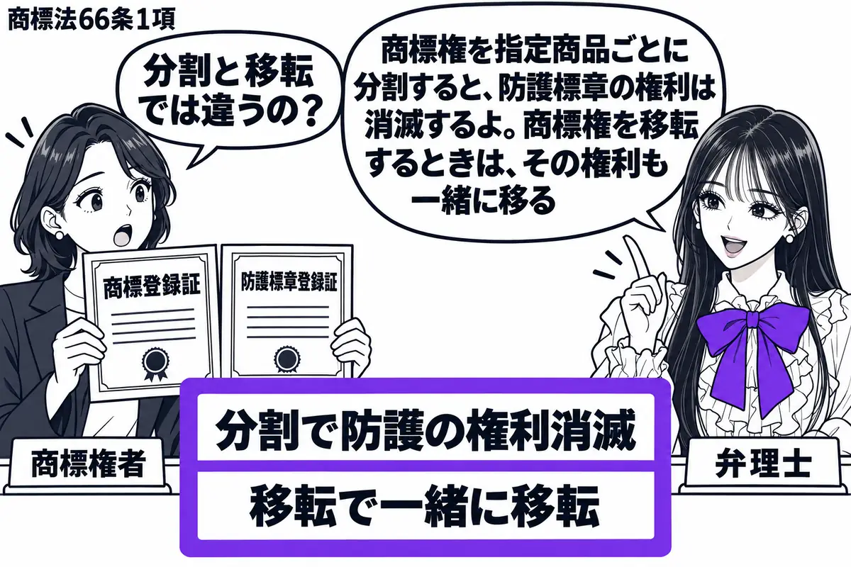 先生が机の右に立つ弁理士役（札「弁理士」）。左の商標権者（札「商標権者」）が商標登録証と防護標章登録証を並べる。中央には分割と移転を上下に分けた整理表。「分割で防護の権利消滅／移転で一緒に移転」の欄全体をヴァイオレットの枠で囲む。先生の吹き