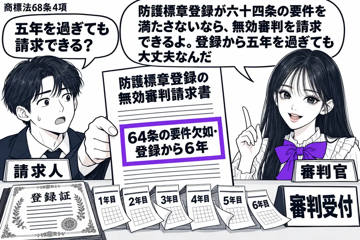 先生が右の審判受付に立つ審判官役（札「審判官」）。左の男性（札「請求人」）が、防護標章登録の無効審判請求書を差し出す。机の古い登録証と暦で年月の経過を示し、請求書の「64条の要件欠如・登録から６年」をヴァイオレットの枠で囲む。先生の吹き出し