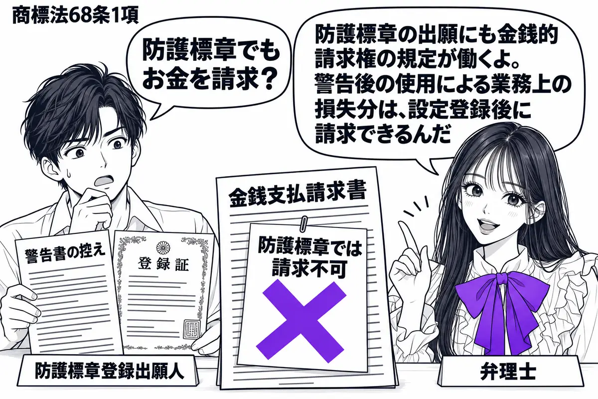 先生が右の相談席にいる弁理士役（札「弁理士」）。左の男性（札「防護標章登録出願人」）が警告書の控えと登録証を机に置く。中央の金銭支払請求書に貼った「防護標章では請求不可」の付箋にヴァイオレットの×印。先生の吹き出し「防護標章の出願にも金銭的