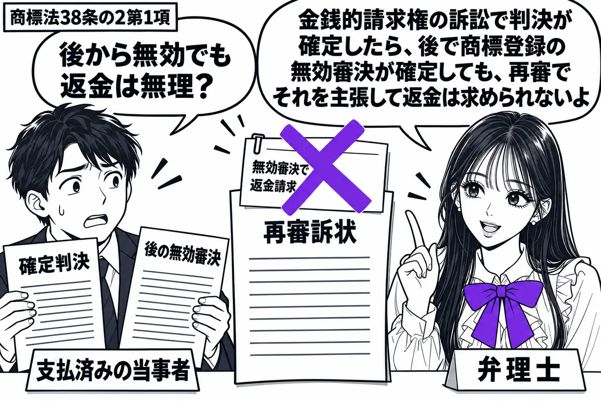 先生が右の相談机に座る弁理士役(札「弁理士」)。左の男性(札「支払済みの当事者」)が確定判決と後の無効審決を並べる。中央の再審訴状に貼った「無効審決で返金請求」の付箋に大きなヴァイオレットの×印。先生の吹き出し「金銭的請求権の訴訟で判決が確