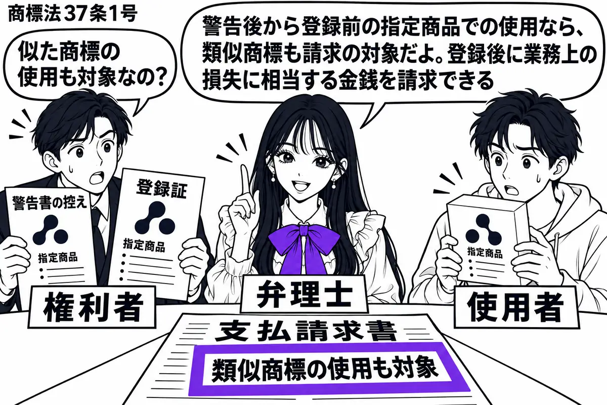 先生が中央の机の奥に座る弁理士役(札「弁理士」)。左に警告書の控えと登録証を持つ人(札「権利者」)、右に類似商標の付いた同じ指定商品の箱を持つ人(札「使用者」)。机の支払請求書の付箋「類似商標の使用も対象」をヴァイオレットの枠で囲む。先生の