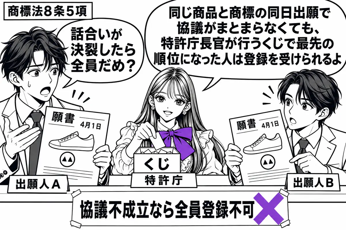 先生が中央の窓口にいる特許庁役（札「特許庁」）。左右の二人（札「出願人Ａ」「出願人Ｂ」）が、同じ日付で同じ靴と商標を描いた願書を持つ。机の付箋「協議不成立なら全員登録不可」にヴァイオレットの×印。先生は二人の前にくじ箱を置く。先生の吹き出し