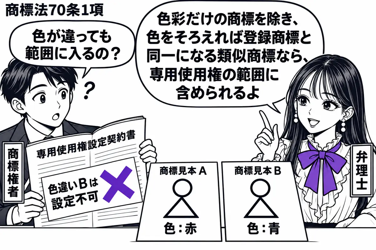 先生が右の机にいる弁理士役(札「弁理士」)。左の商標権者(札「商標権者」)が専用使用権の契約書を開く。机には同じ図形の商標見本A・Bを置き、色の違いは墨色の注記で示す。契約書の付箋「色違いBは設定不可」にヴァイオレットの×印。先生の吹き出し