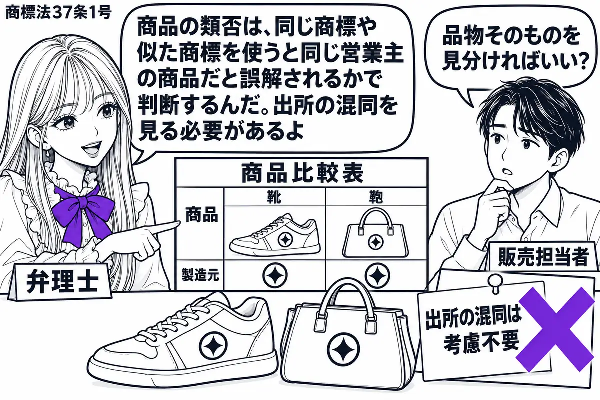 先生が左の相談机にいる弁理士役(札「弁理士」)。右の販売担当者(札「販売担当者」)が、同じ商標を付けた靴と鞄の商品見本を並べる。商品比較表の付箋「出所の混同は考慮不要」に大きなヴァイオレットの×印。先生は二つの商品と製造元の欄を見比べる。先