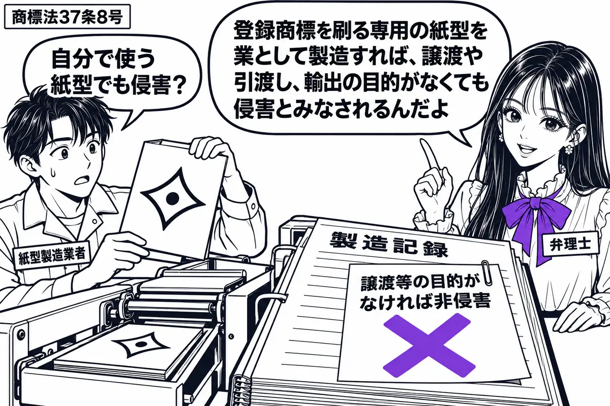 先生が右の作業台の脇に立つ弁理士役(札「弁理士」)。左の男性(札「紙型製造業者」)が、同じ登録商標だけを刷れる紙型を製造機から取り出す。作業台の製造記録に貼った「譲渡等の目的がなければ非侵害」の付箋にヴァイオレットの×印。先生の吹き出し「登