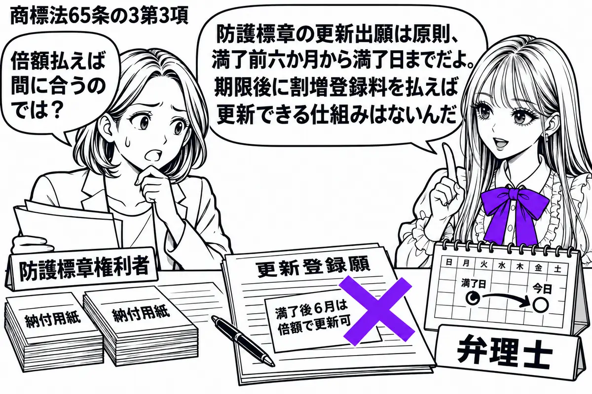 先生が右の相談机にいる弁理士役（札「弁理士」）。左の権利者（札「防護標章権利者」）が更新登録願と二束の納付用紙を並べる。机の暦は満了日を過ぎており、願書の付箋「満了後６月は倍額で更新可」にヴァイオレットの×印。先生の吹き出し「防護標章の更新